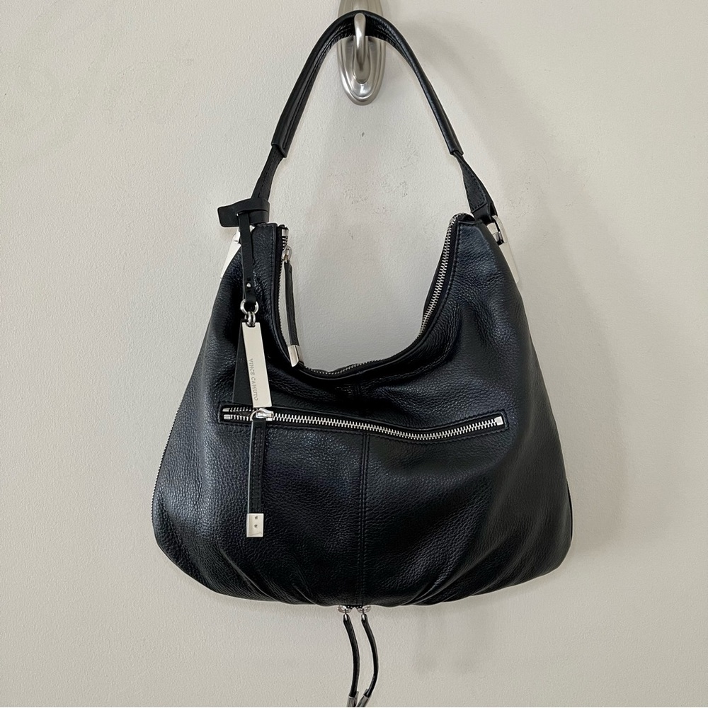 Vince Camuto Soft Black Pebbled Leather Expandable Hobo-style Bag